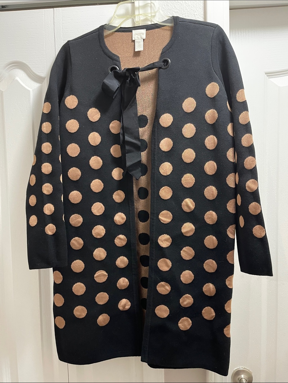Chico's Black Cardigan with Brown Knit Panel and Ribbon Tie
